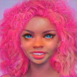 Size: 512x512 | Tagged: safe, editor:diameltzowo, pinkie pie, human, g4, blue eyes, bust, curly hair, eyebrows, female, humanized, irl, kinky hair, looking up, moderate dark skin, photo, portrait, realistic, simple background, smiling, solo, uncanny valley