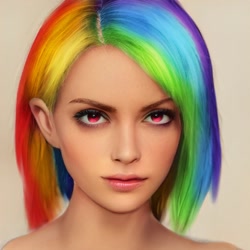 Size: 512x512 | Tagged: safe, editor:diameltzowo, rainbow dash, human, g4, blushing, bust, female, humanized, irl, looking up, multicolored hair, photo, pink eyes, portrait, rainbow hair, realistic, red eyes, simple background, solo