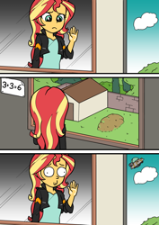 Size: 596x842 | Tagged: safe, artist:swordjaxa, sunset shimmer, equestria girls, g4, 3 panel comic, clothes, comic, crossover, derp, female, grave, implied death, looking out the window, math, reference, rick and morty, solo