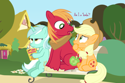 Size: 1800x1200 | Tagged: safe, artist:dm29, applejack, big macintosh, lyra heartstrings, quibble pants, earth pony, pony, unicorn, g4, bedroom eyes, bench, book, brother and sister, cowboy hat, female, hat, himbo, horn, looking at each other, looking at someone, lyra is not amused, magazine, male, meme, open mouth, park, ponyville, reading, siblings, sitting, sitting lyra, smiling, smirk, stallion, tail, talking, tree, unamused