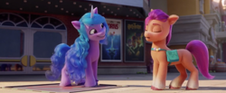 Size: 1910x784 | Tagged: safe, screencap, izzy moonbow, sunny starscout, earth pony, pony, unicorn, g5, my little pony: a new generation, spoiler:my little pony: a new generation, cinema, female, horns, mare, poster, smiling
