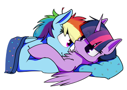 Size: 4100x2900 | Tagged: safe, artist:dacaoo, rainbow dash, twilight sparkle, alicorn, pegasus, pony, g4, blanket, chest fluff, commission, female, horn, lesbian, looking at each other, looking at someone, lying down, lying on top of someone, mare, nuzzling, on back, pillow, prone, ship:twidash, shipping, simple background, transparent background, twilight sparkle (alicorn), wings