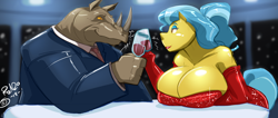 Size: 2642x1117 | Tagged: safe, artist:shonuff44, artist:upstairstudios, doctor fauna, oc, oc:memphis, earth pony, rhinoceros, anthro, g4, alcohol, big breasts, breasts, busty doctor fauna, canon x oc, cleavage, clothes, couple, date, date night, dress, female, glass, huge breasts, male, red dress, rhinotaur, straight, wine, wine glass