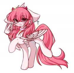 Size: 1554x1536 | Tagged: safe, artist:遐音, oc, oc only, oc:distant sound, pegasus, pony, blushing, chest fluff, choker, cute, ear piercing, earring, female, jewelry, multiple wings, piercing, simple background, solo, star of david, white background, wings