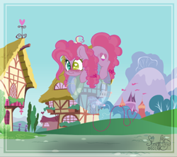 Size: 1072x954 | Tagged: safe, artist:stormcloud-yt, oc, oc only, earth pony, pony, balloon, base used, building, earth pony oc, female, heterochromia, mare, outdoors, parent:pinkie pie, signature