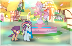 Size: 3059x1961 | Tagged: safe, artist:stormcloud-yt, oc, oc only, pegasus, pony, base used, building, clothes, duo, female, filly, foal, grin, mare, multicolored hair, outdoors, pegasus oc, rainbow hair, scarf, smiling, statue, wings