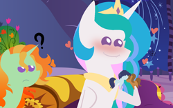 Size: 1152x722 | Tagged: safe, artist:stormcloud-yt, princess celestia, oc, alicorn, pony, unicorn, g4, base used, blushing, female, frown, heart, hoof hold, indoors, jewelry, mare, parent:princess celestia, peytral, pointy ponies, shipper on deck, tiara, toy