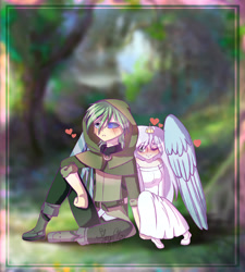 Size: 2326x2579 | Tagged: safe, artist:stormcloud-yt, oc, oc only, human, blushing, clothes, dress, duo, heart, heterochromia, high res, humanized, one eye closed, outdoors, sitting, smiling, winged humanization, wings, wink
