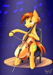 Size: 1240x1754 | Tagged: safe, artist:hauntedtuba, oc, oc only, earth pony, pony, bow (instrument), cello, cello bow, chair, male, music notes, musical instrument, playing instrument, sitting, solo, stallion