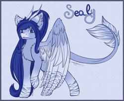 Size: 2708x2214 | Tagged: safe, artist:maneblue, oc, oc only, pony, ear fluff, high res, horns, leonine tail, raised hoof, solo, tail, wings