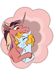 Size: 2048x2732 | Tagged: safe, artist:ask-y, oc, oc only, pony, unicorn, bust, duo, eyes closed, female, high res, horn, hug, mare, oc x oc, parent:starlight glimmer, parent:sunset shimmer, shipping, simple background, smiling, snuggling, transparent background, unicorn oc
