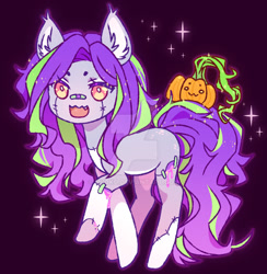 Size: 1024x1049 | Tagged: safe, artist:miioko, oc, oc only, earth pony, pony, deviantart watermark, ear fluff, earth pony oc, obtrusive watermark, pumpkin, smiling, solo, watermark