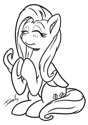Size: 2481x3508 | Tagged: safe, artist:memprices, fluttershy, pegasus, pony, g4, black and white, clapping, clip studio paint, cute, digital art, eyebrows, eyes closed, grayscale, happy, high res, lineart, monochrome, quick draw, shyabetes, simple background, sitting, sketch, smiling, white background