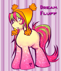 Size: 563x655 | Tagged: safe, artist:sephirothisshot23234, oc, oc only, oc:dream fluff, pony, gradient background, hat, multicolored hair, shocked, solo, sparkles