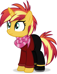 Size: 3152x4045 | Tagged: safe, artist:anime-equestria, sunset shimmer, pony, unicorn, g4, alternate hairstyle, clothes, cute, female, full body, high res, hoof shoes, horn, mare, scarf, shadow, shimmerbetes, shoes, simple background, smiling, solo, standing, sweater, tail, transparent background, vector