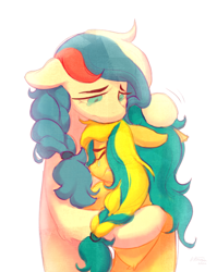 Size: 2496x3140 | Tagged: safe, artist:littmosa, oc, oc:marussia, oc:ukraine, pony, anti-war, comforting, crying, current events, female, floppy ears, high res, hug, multicolored mane, nation ponies, ponified, russia, sad, simple background, teary eyes, ukraine, white background