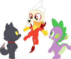 Size: 3559x2960 | Tagged: safe, artist:porygon2z, spike, oc, oc:heatwave, dragon, griffon, titan, g4, broken horn, collar, crossover, high res, hilarious in hindsight, horn, king clawthorne, male, porygon2z's trio, show accurate, simple background, skull, the owl house, transparent background, trio, trio male, unmasked