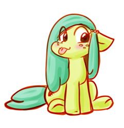 Size: 544x564 | Tagged: safe, artist:zutcha, ocellus, changedling, changeling, earth pony, pony, g4, :p, blushing, cute, disguise, disguised changeling, female, floppy ears, freckles, full body, hooves, simple background, sitting, solo, tail, tongue out, white background