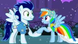Size: 1280x720 | Tagged: safe, artist:mlplary6, rainbow dash, soarin', pegasus, pony, a canterlot wedding, g4, blushing, duo, eye contact, female, holding hooves, hooves, looking at each other, looking at someone, male, mare, open mouth, outdoors, shading, ship:soarindash, shipping, smiling, spread wings, stallion, standing, straight, wings