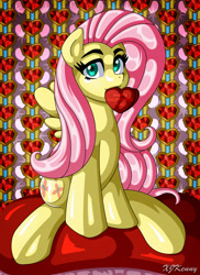 Size: 800x1100 | Tagged: safe, artist:xjkenny, fluttershy, pegasus, pony, g4, female, holiday, hooves, mare, mouth hold, shading, signature, sitting, solo, valentine's day