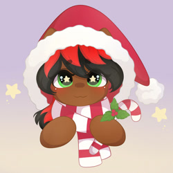 Size: 1280x1280 | Tagged: safe, artist:yomechka, oc, oc only, oc:spot shine, earth pony, pony, blushing, bust, candy, candy cane, christmas, clothes, cute, diabetes, food, hat, holiday, holly, santa hat, scarf, simple background, solo, starry eyes, stars, wingding eyes