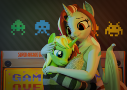 Size: 8640x6160 | Tagged: safe, artist:arcanetesla, oc, oc only, oc:lovers, oc:mysti tesla, alicorn, unicorn, anthro, art pack:travel lovers to canterlot!, 3d, absurd file size, absurd resolution, alicorn oc, arcade, arcade game, bat ears, bat wings, breasts, clothes, comforting, female, game, game over, horn, hug, sad, shirt, smiling, space invaders, sweater, unicorn oc, wings