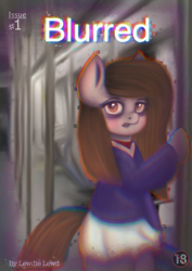 Size: 2480x3508 | Tagged: safe, artist:lewdielewd, oc, oc:melody love, earth pony, pony, comic:blurred, bipedal, case, clothes, cover art, female, high res, mare, skirt, surprised, underground