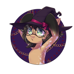 Size: 2048x2048 | Tagged: safe, artist:eboi, oc, oc only, oc:nixie tube, bat pony, earth pony, hybrid, pony, coat markings, dappled, fangs, glasses, hat, high res, simple background, socks (coat markings), solo, transparent background, witch hat