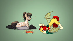 Size: 1444x805 | Tagged: safe, artist:darknidus, oc, oc only, oc:maple honey, oc:nixie tube, bat pony, earth pony, hybrid, pony, behaving like a cat, clothes, coat markings, dappled, duo, duo female, female, food, glasses, lying down, mango, pillow, scarf, siblings, sisters, socks (coat markings), this will end in death, transparent wings, wings