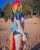 Size: 1080x1350 | Tagged: safe, artist:natsumipon, rainbow dash, human, g4, ball, clothes, cosplay, costume, cutie mark on human, irl, irl human, multicolored hair, photo, rainbow hair, solo, sports, swimsuit, volleyball