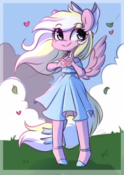 Size: 2480x3508 | Tagged: safe, artist:sakukitty, oc, oc only, oc:bay breeze, pegasus, anthro, unguligrade anthro, bow, clothes, dress, female, hair bow, heart hands, high res, mare, pegasus oc, sketch, solo, tail, tail bow