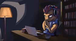 Size: 2593x1389 | Tagged: safe, artist:kam, oc, oc only, earth pony, pony, book, bookshelf, computer, cup, headphones, lamp, laptop computer, solo