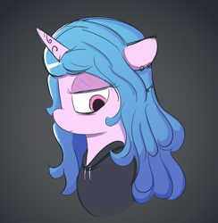 Size: 1747x1791 | Tagged: safe, artist:limitmj, izzy moonbow, pony, unicorn, g5, my little pony: a new generation, bust, clothes, floppy ears, hoodie, izzy moodbow, lidded eyes, moody