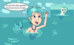 Size: 1494x910 | Tagged: safe, artist:ocean lover, terramar, human, merboy, merman, seapony (g4), g4, season 8, surf and/or turf, cloud, cute, disney style, fish tail, hello, humanized, implied twilight sparkle, jewelry, male, mermaid tail, necklace, ocean, open mouth, pearl necklace, scene interpretation, tail, text, water, wave, waving, word bubble