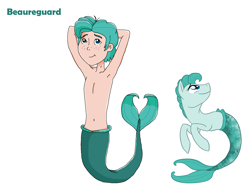 Size: 1654x1231 | Tagged: safe, artist:ocean lover, artist:torusthescribe, oc, oc only, oc:beauregard, oc:beaureguard, human, merboy, merman, sea pony, arm behind head, belly button, chest, cute, fish tail, freckles, handsome, humanized, looking at you, male, mermaid tail, tail, text
