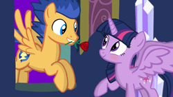 Size: 1280x720 | Tagged: safe, artist:mlplary6, flash sentry, twilight sparkle, alicorn, pegasus, pony, g4, blushing, boyfriend and girlfriend, female, flower, looking at each other, male, mare, rose, ship:flashlight, shipping, smiling, smiling at each other, stallion, straight, twilight sparkle (alicorn), window