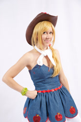 Size: 681x1024 | Tagged: safe, artist:nyunyucosplay, applejack, human, equestria girls, g4, applejack's hat, bare shoulders, clothes, cosplay, costume, cowboy hat, fall formal outfits, hat, irl, irl human, photo, simple background, sleeveless, solo, strapless, white background