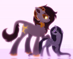 Size: 4027x3275 | Tagged: safe, artist:angie imagines, oc, oc only, oc:blackbird shadowmane, oc:madana, alicorn, demon, demon pony, pony, black sclera, bowtie, broken horn, chest fluff, eyeshadow, female, glowing, glowing cutie mark, glowing eyes, glowing horn, horn, leonine tail, lidded eyes, long mane, makeup, male, size difference, tail, unshorn fetlocks