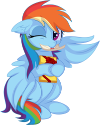 Size: 5956x7402 | Tagged: safe, artist:cyanlightning, rainbow dash, pegasus, pony, g4, .svg available, absurd resolution, chocolate, cute, dashabetes, ear fluff, female, food, looking at you, love letter, mare, mouth hold, one eye closed, simple background, sitting, solo, transparent background, vector, waving at you, wings, wink, winking at you