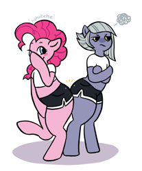 Size: 1483x1789 | Tagged: safe, artist:immunefox, limestone pie, pinkie pie, earth pony, semi-anthro, g4, arm hooves, booty shorts, butt bump, clothes, digital art, duo, female, large butt, midriff, short shirt, shorts, siblings, sisters, thighs, thunder thighs, unamused