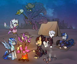 Size: 2814x2356 | Tagged: safe, artist:leastways, oc, oc only, oc:citrine, oc:collateral damage, oc:moonstone, oc:princess purr, oc:royal mulberry, oc:silver star, oc:winter arcane, alicorn, bat pony, crystal pony, earth pony, griffon, pony, unicorn, fallout equestria, alicorn oc, bat pony oc, battle saddle, camping, clothes, commission, cup, fire, griffon oc, gun, high res, horn, night, sketch, teacup, teapot, tent, weapon, wings