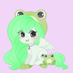 Size: 2000x2000 | Tagged: safe, artist:yomechka, oc, oc only, oc:sparrow gale, frog, pegasus, pony, chibi, frog hat, green mane, hat, high res, jewelry, necklace, pegasus oc, simple background, solo