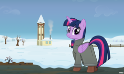 Size: 5000x3000 | Tagged: safe, artist:a4r91n, twilight sparkle, alicorn, pony, g4, boots, clothes, coat, female, fence, looking at you, mare, scenery, shoes, snow, tower, tree, twilight sparkle (alicorn), winter