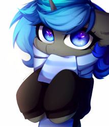 Size: 3293x3840 | Tagged: safe, artist:shavurrr, oc, oc only, pony, unicorn, blue eyes, clothes, commission, high res, hoodie, looking at you, scarf, solo