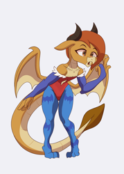 Size: 2500x3500 | Tagged: safe, artist:chedx, ocellus, dragon, g4, clothes, cosplay, costume, curious, darkstalkers, disguise, disguised changeling, dragon ocellus, dragoness, female, high res, innocent, lilith aensland, simple background, solo, white background