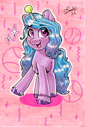 Size: 1802x2684 | Tagged: safe, artist:dandy, izzy moonbow, pony, unicorn, g5, my little pony: a new generation, ball, chest fluff, copic, ear fluff, eyebrows, eyebrows visible through hair, female, horn, izzy's tennis ball, looking at you, mare, marker drawing, open mouth, signature, solo, tennis ball, traditional art, unshorn fetlocks