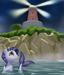 Size: 3000x3508 | Tagged: safe, artist:ahobobo, oc, oc only, oc:bluegill brine, merpony, seapony (g4), g5, my little pony: a new generation, cliff, fanfic art, female, fins, fish tail, high res, lighthouse, looking up, mare, ocean, sea pony (g5), seaponified, sky, solo, species swap, tail, water