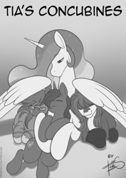 Size: 708x1000 | Tagged: safe, artist:freckles, princess celestia, oc, oc:steel warden, alicorn, pegasus, pony, unicorn, comic:tia's concubines, g4, canon x oc, comic cover, eyes closed, female, glasses, grayscale, looking down, lying down, male, mare, monochrome, prone, smiling, stallion