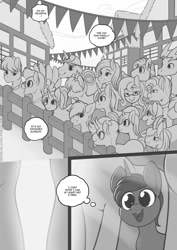Size: 708x1000 | Tagged: safe, artist:freckles, oc, oc only, earth pony, pegasus, pony, unicorn, comic:tia's concubines, comic, dialogue, female, filly, foal, glasses, grayscale, hat, lidded eyes, male, mare, monochrome, open mouth, open smile, smiling, speech bubble, stallion, thought bubble