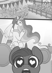 Size: 708x1000 | Tagged: safe, artist:freckles, princess celestia, alicorn, earth pony, pegasus, pony, unicorn, comic:tia's concubines, g4, armor, comic, crown, female, filly, foal, grayscale, heart eyes, helmet, hoof shoes, jewelry, male, mare, monochrome, open mouth, peytral, regalia, royal guard, sitting, stallion, wingding eyes